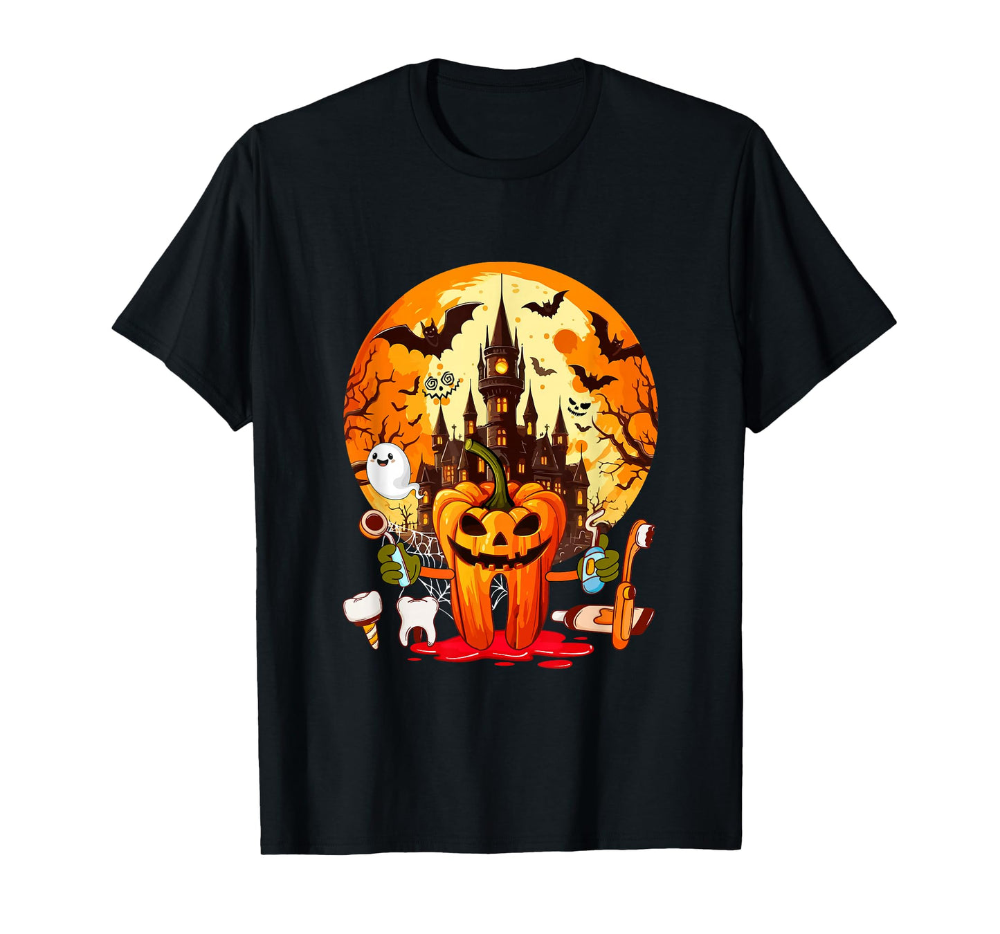 Halloween Dentist Tooth Horror Carved Pumpkin Dental Squad T-Shirt