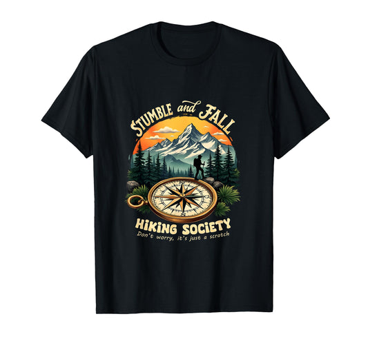 Retro Vintage Hiking and Climbing Costume Vintage Stumble And Fall Hiking Society Don't Worry Hiking T-Shirt - Unisex-Adults, Black, Small, Short Sleeve, Polyester 100%, Nature-T-Shirt