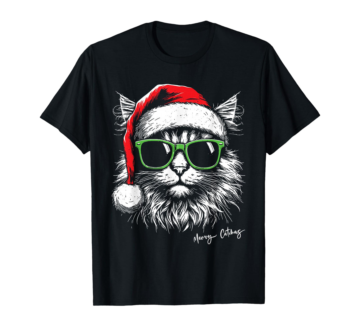 Meowy Catmas Santa Hat Cute Cat Christmas Pajamas Xmas T-Shirt