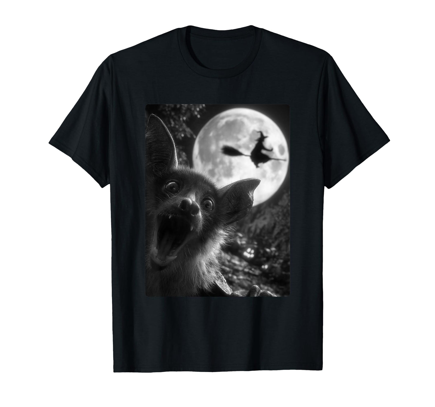 Funny Bat Selfie Full Moon Flying Witch Forest Halloween T-Shirt