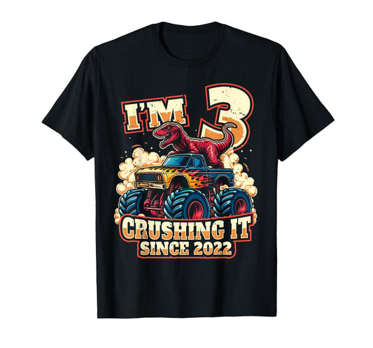 3 Year Old Boys 3rd Birthday Dinosaur Monster Truck Party T-Shirt