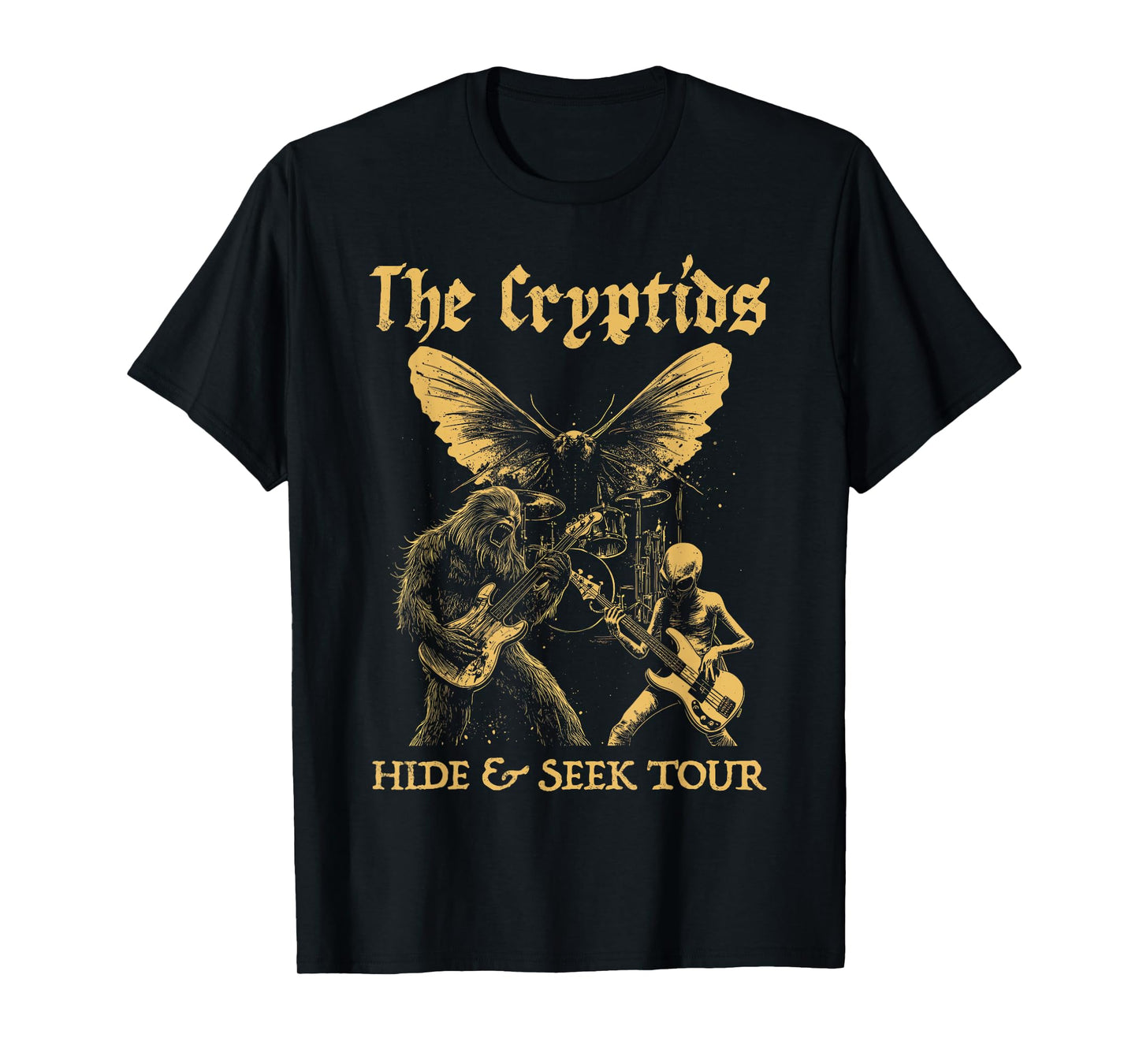 The Cryptids Bigfoot Alien Mothman Grunge Heavy Metal Rock T-Shirt
