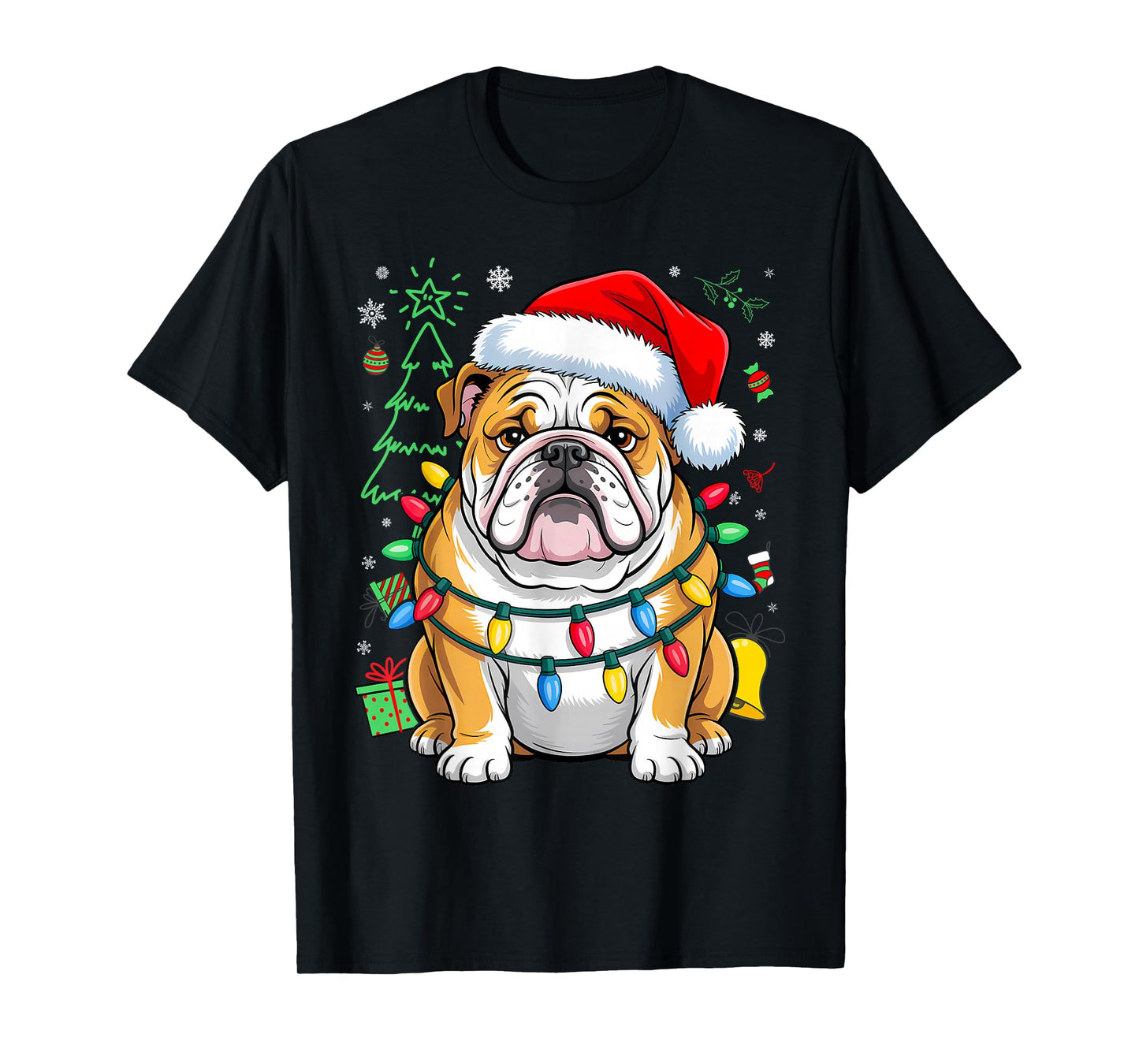 English Bulldog Santa Christmas Tree Lights Xmas Boys Dog T-Shirt