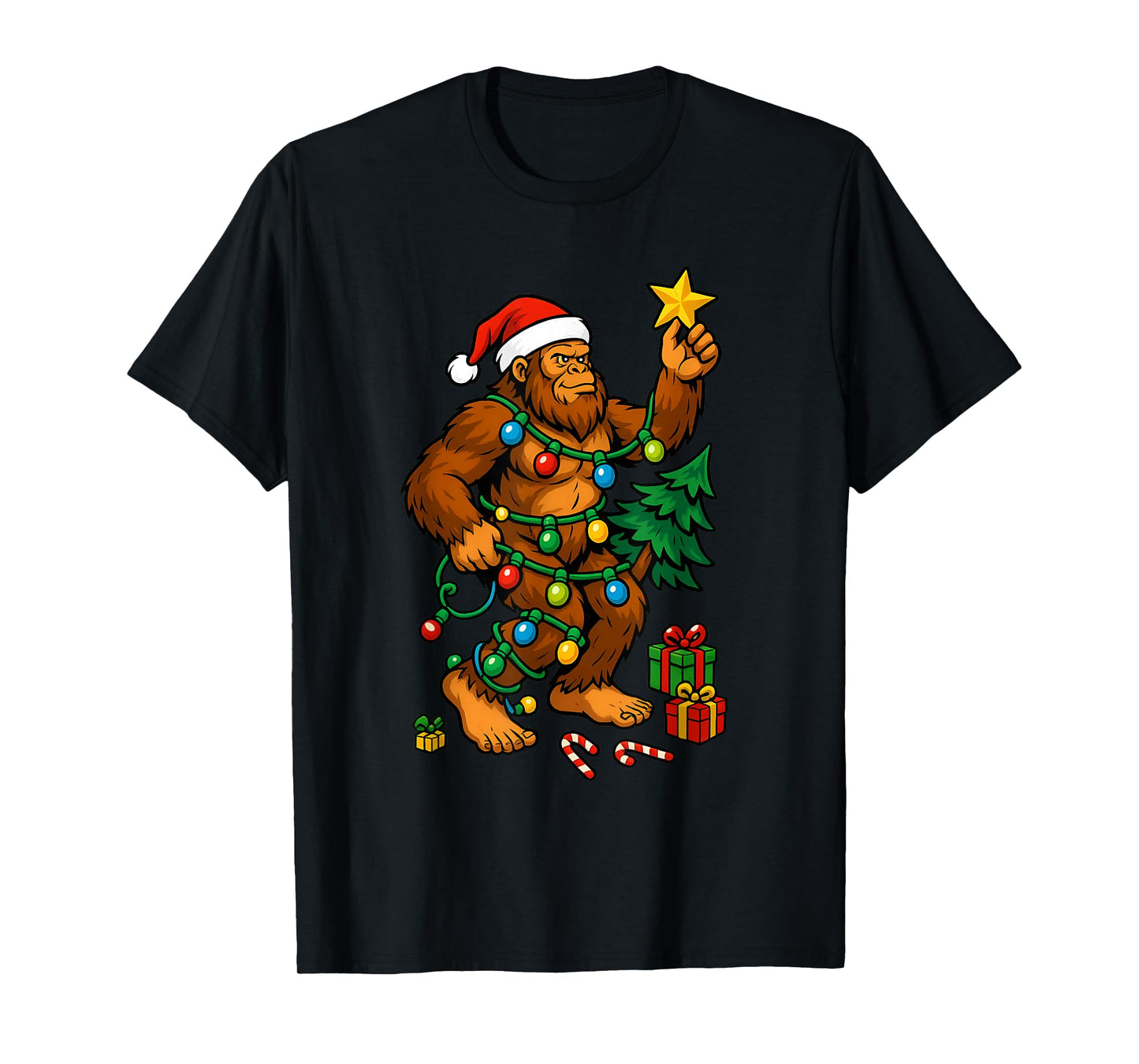 Bigfoot Tree Christmas Lights Snowflake Holiday Candy Xmas T-Shirt