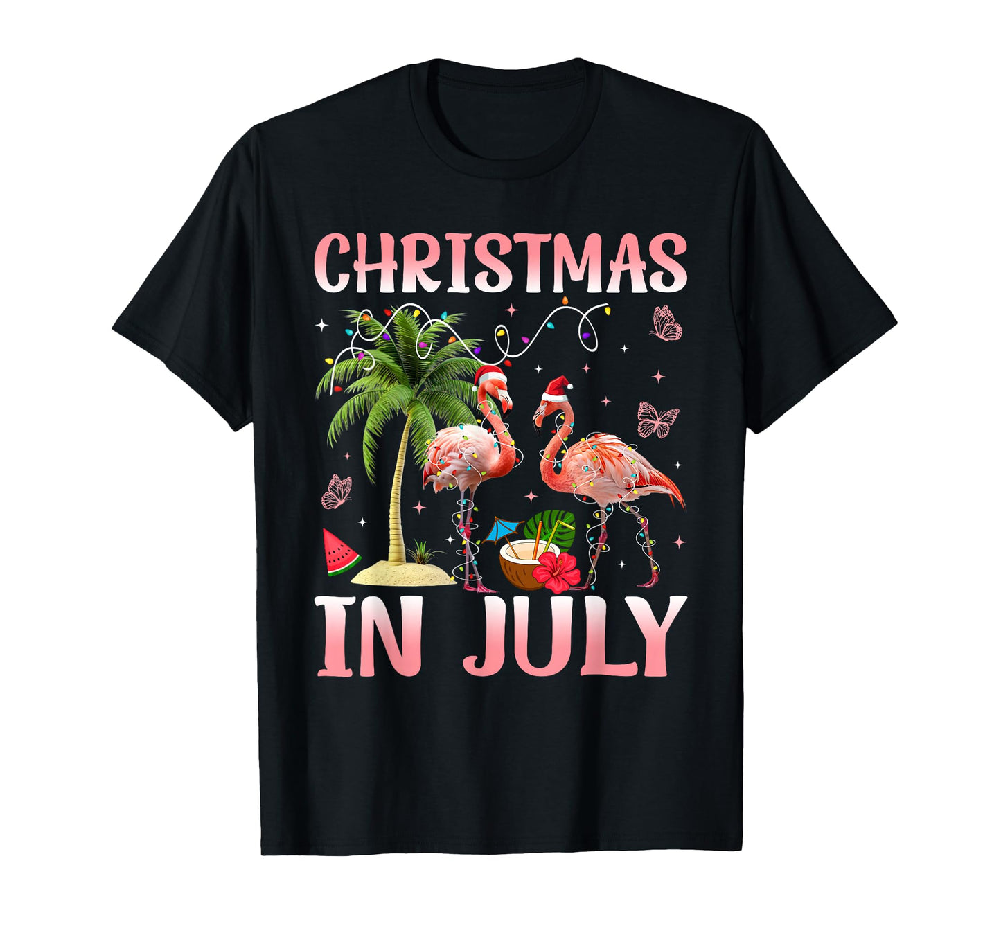 Christmas in July Pink Flamingo Santa Hat Christmas Lights T-Shirt