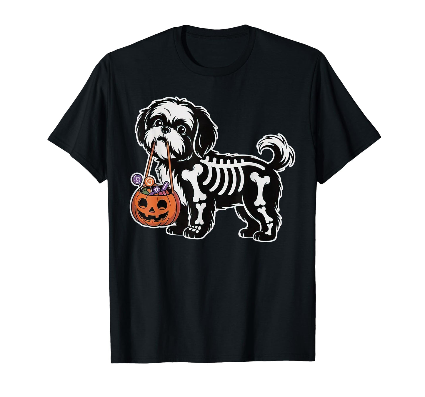 Cute Halloween Shih Tzu Dog Skeleton with Candy Pumpkin T-Shirt