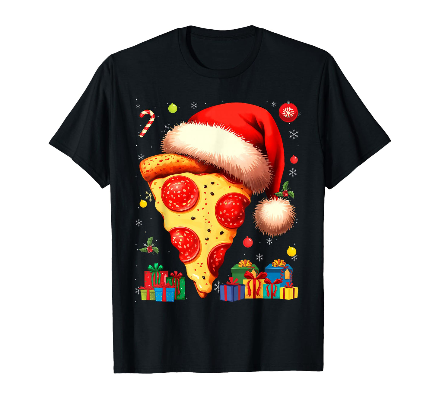 Santa Claus Hat Pepperoni Pizza Slice Christmas Holiday Food T-Shirt