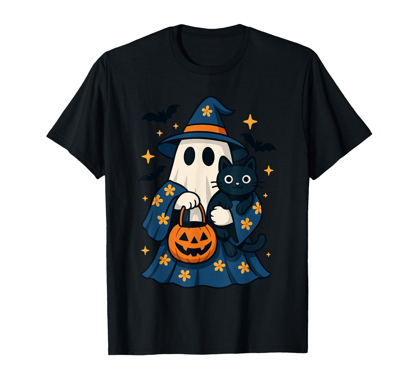 Floral Spooky Season Ghost Witch Cat Costume, Cute Black Cat T-Shirt