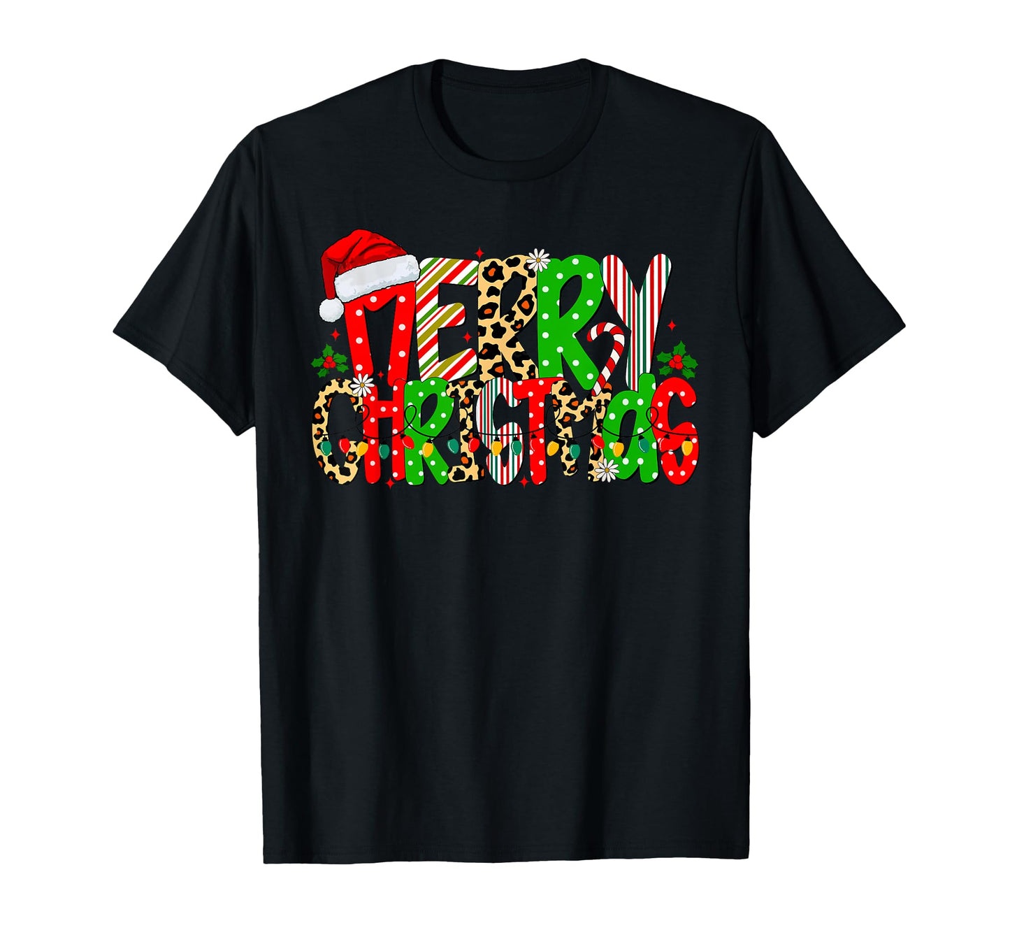 Retro Merry Christmas Lights Santa Leopard Men Women Kids T-Shirt