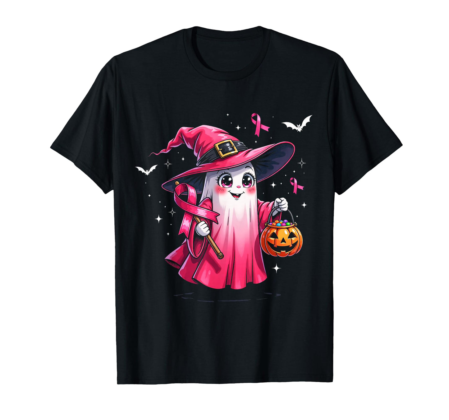 Cute Pink Ghost with Witch Hat Breast Cancer Awareness 2025 T-Shirt
