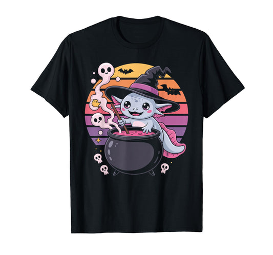 Cute Witchy Creature Stirring Cauldron Axolotl T-Shirt