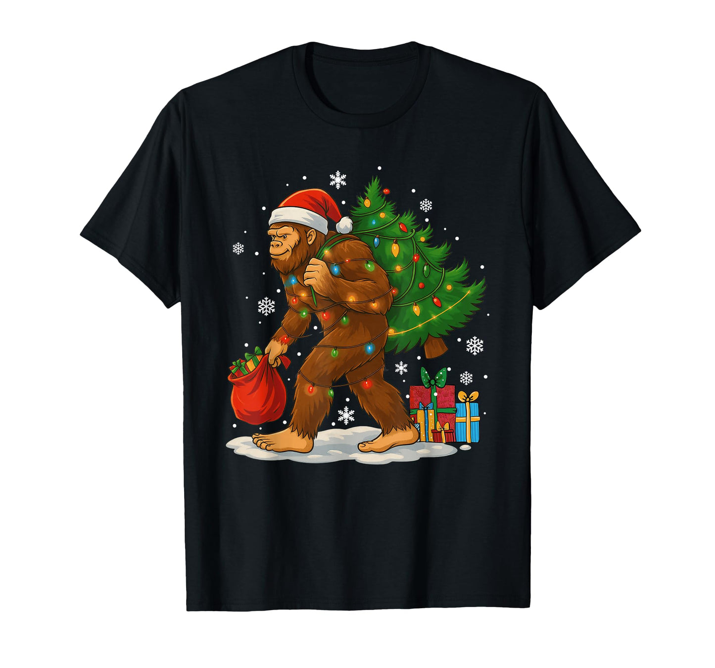 Christmas Bigfoot Santa Hat Tree Lights Xmas Boys Men Kids T-Shirt