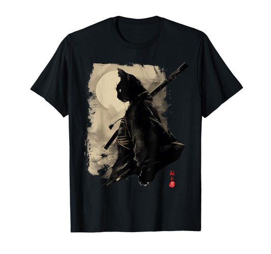 Japanese Samurai Cat Vintage Graphic Cat Art T-Shirt