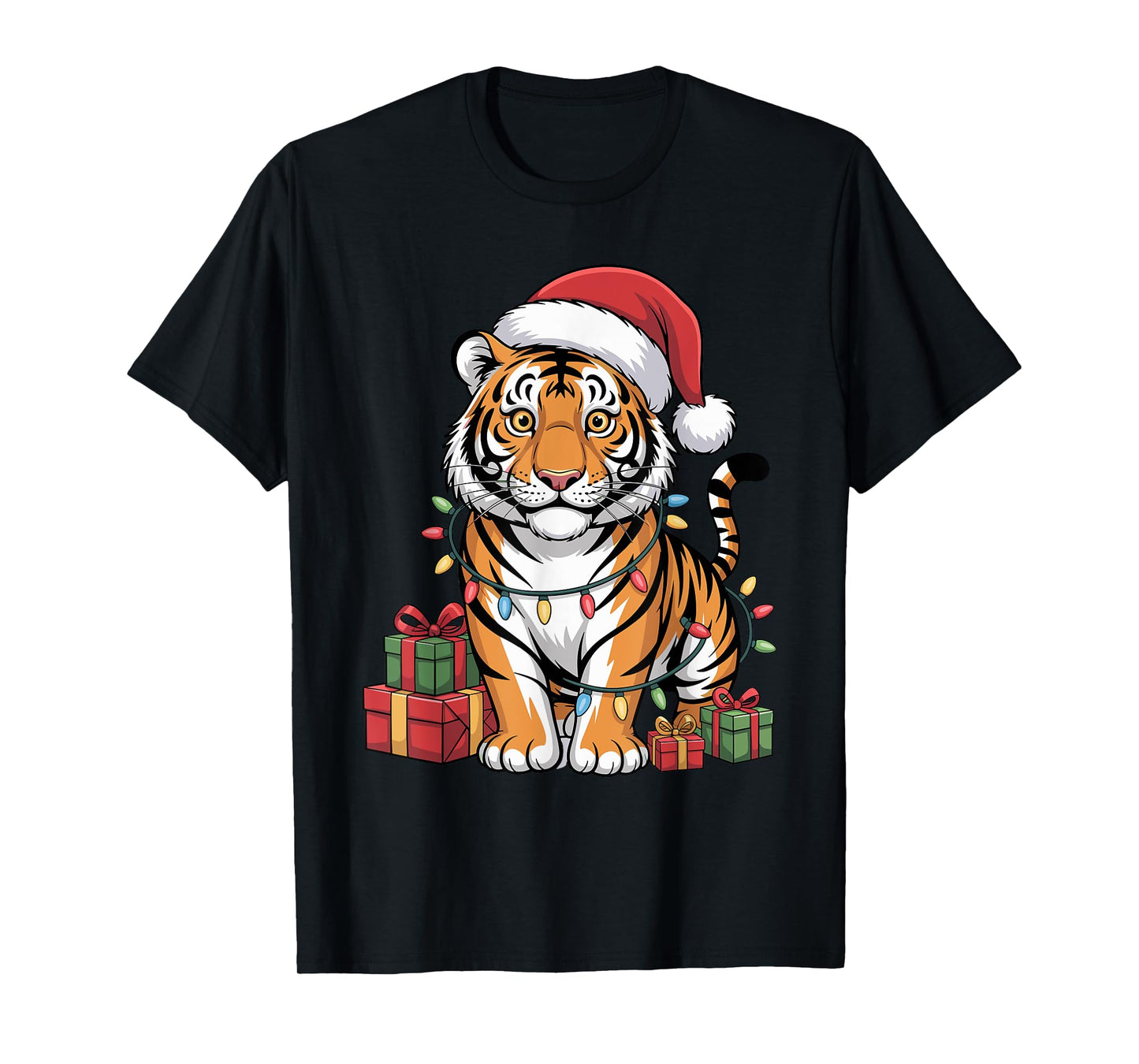 Funny Tiger Santa Hat Animals Lovers Ugly Christmas Pajamas T-Shirt