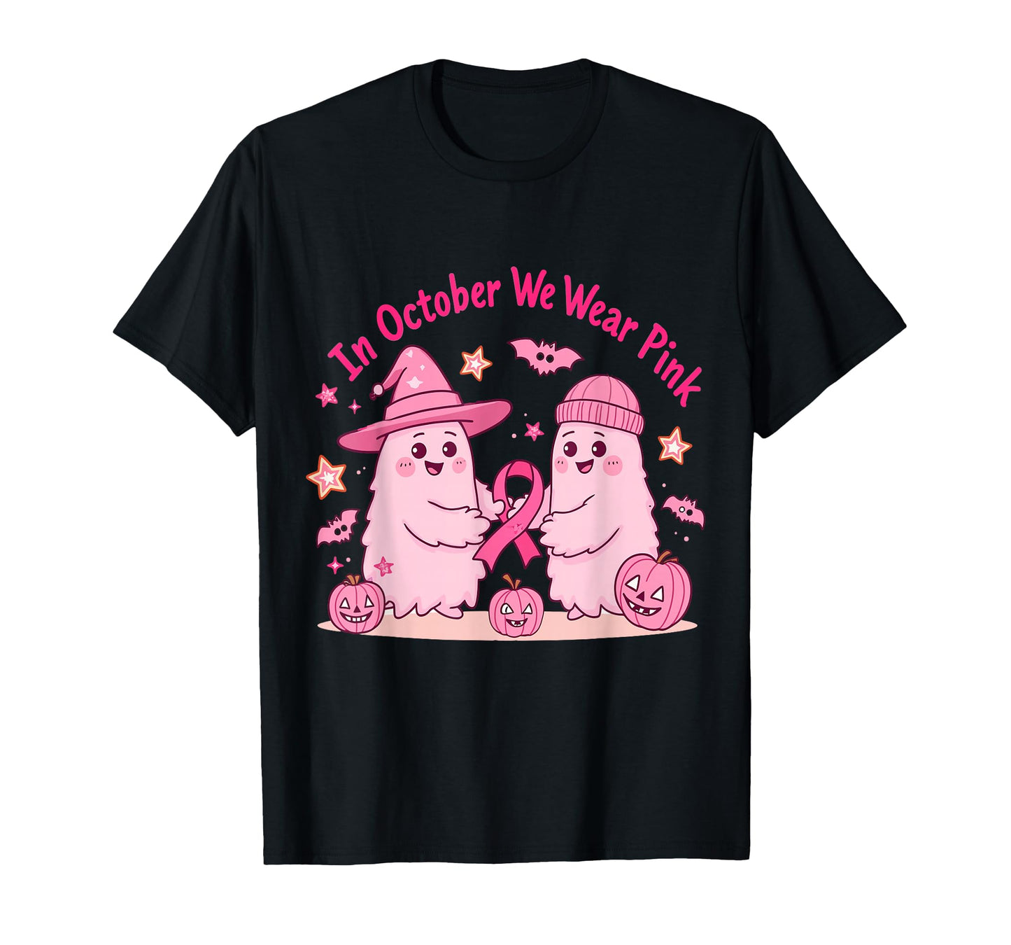 in October We Wear Pink Ghost Witch Breast Cancer Awareness T-Shirt