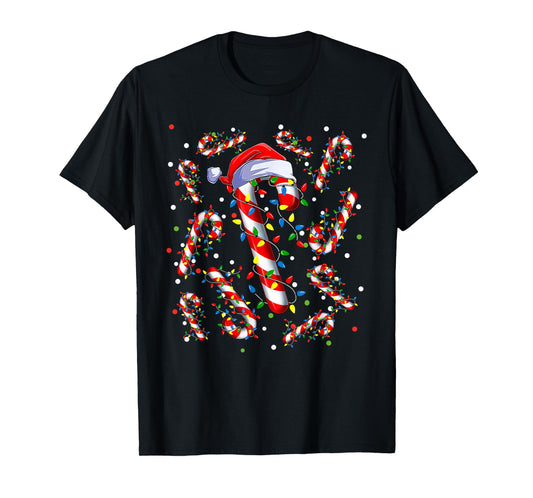 Candy Cane Santa Hat Christmas Xmas Lights Red And White T-Shirt