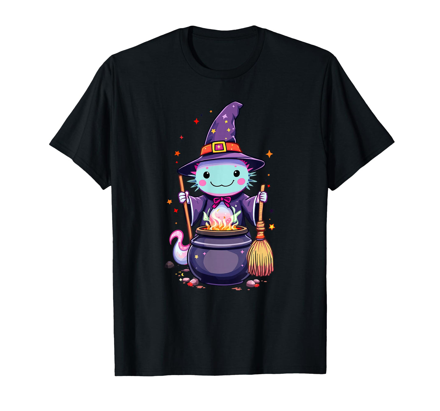 Magical Witch Axolotl | Cute Kawaii Halloween Cauldron Art T-Shirt