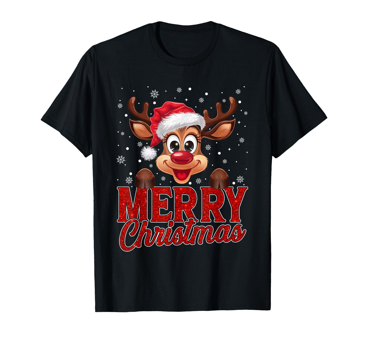 Merry Christmas Rudolph Reindeer Santa Hat Xmas Snowflakes T-Shirt