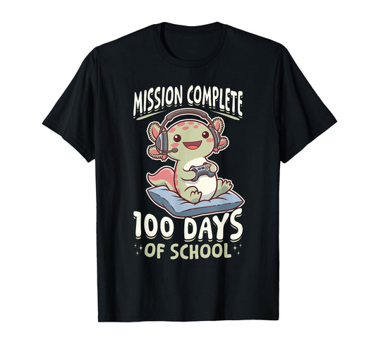Funny Gamer Axolotl Kawaii Mission Complete 100 Days of T-Shirt