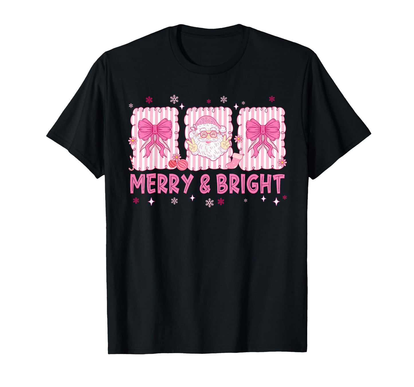 Preppy Merry and Bright Pink Santa Coquette Bow Girl Women T-Shirt