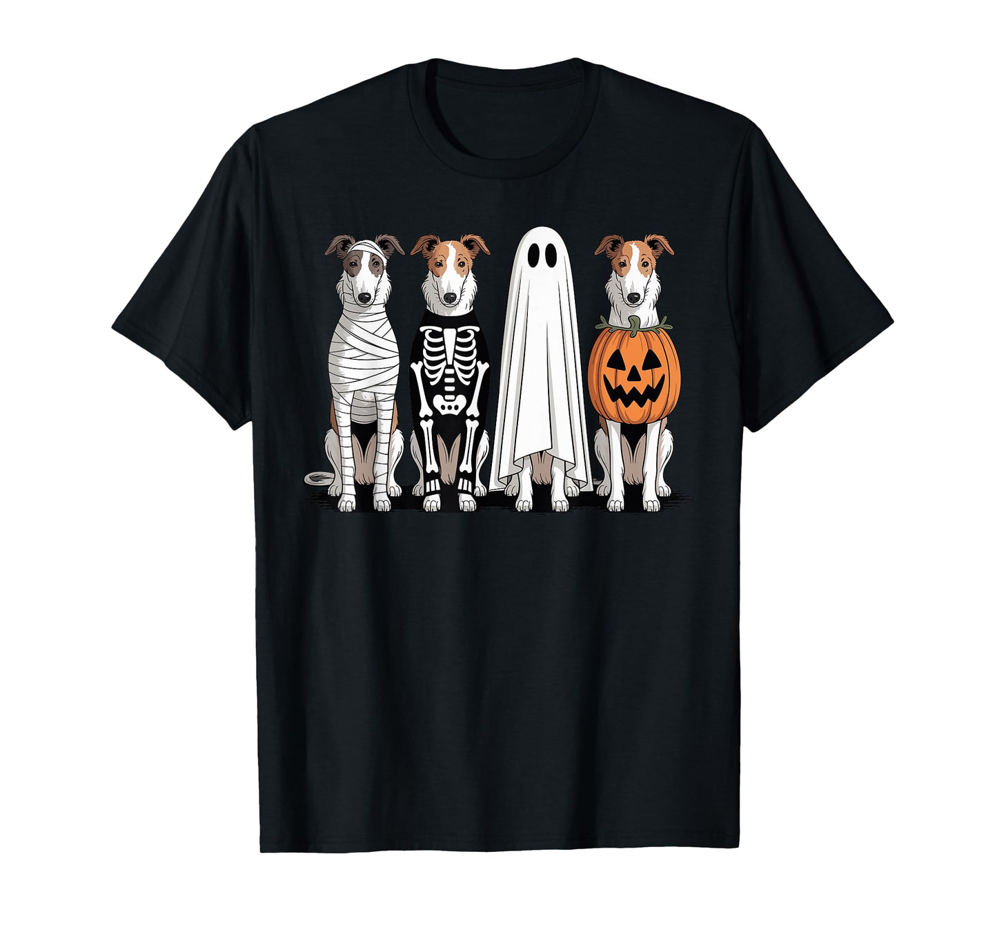 Spooky Ghost Borzoi Pumpkin Halloween Dog Skeleton T-Shirt