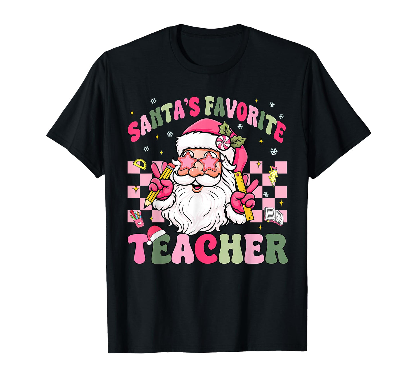 Santa's Favorite Teacher Groovy Christmas Teacher Boys Girls T-Shirt