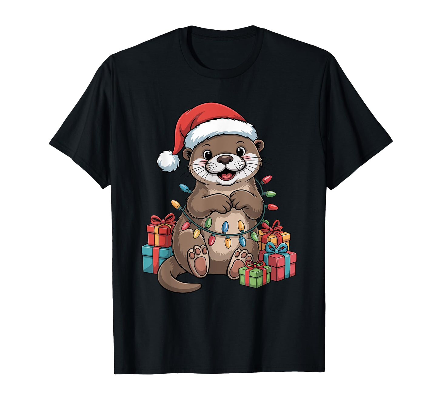 Funny Otter Santa Hat Animals Lovers Ugly Christmas Pajamas T-Shirt