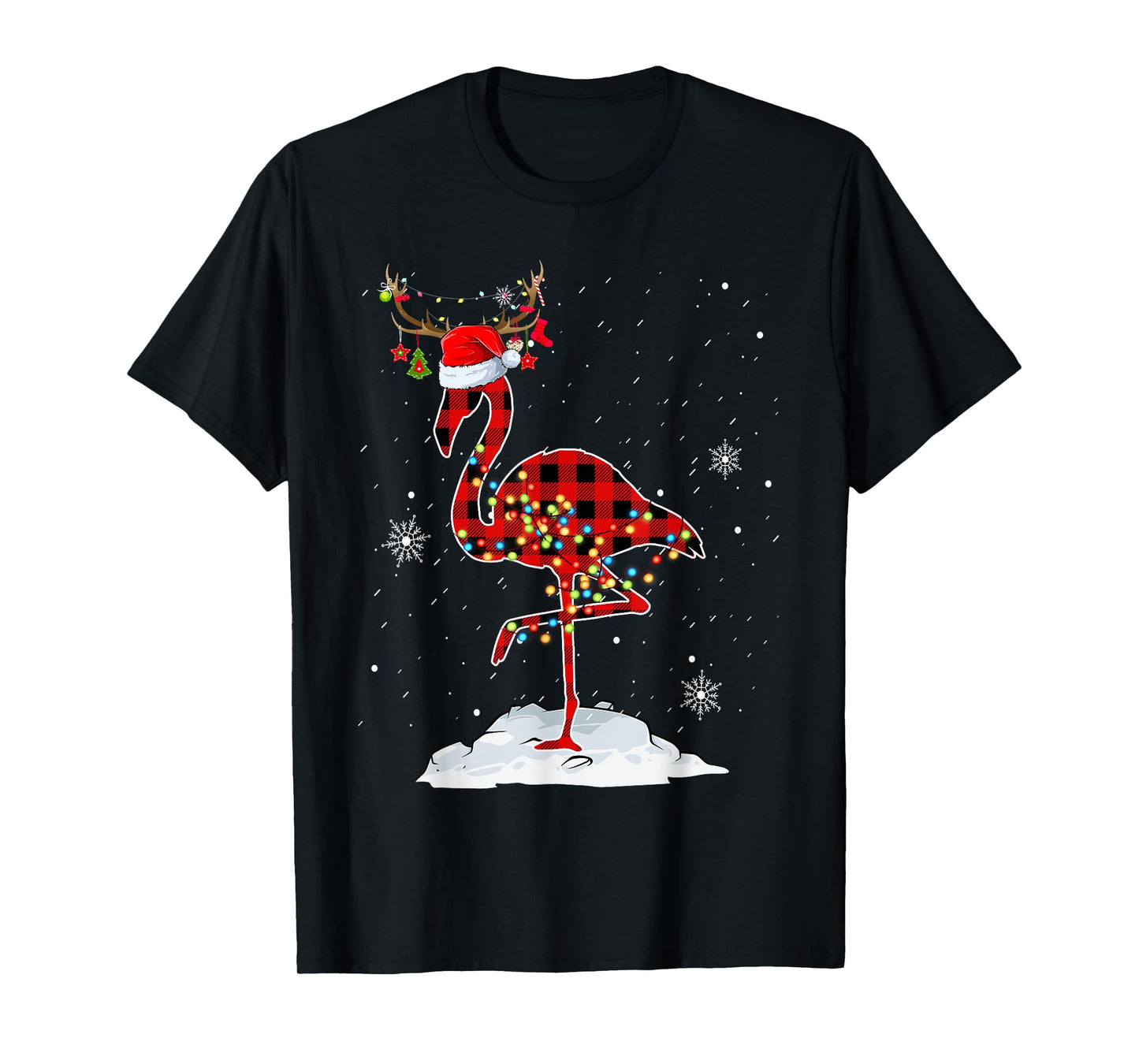 Christmas Buffalo Plaid Red Flamingo Santa Hat Xmas Holiday T-Shirt