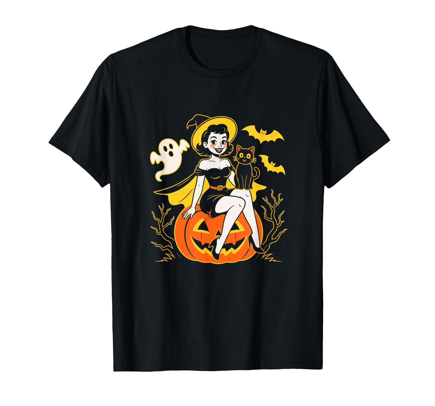 Retro Halloween Pin Up Witch Black Cat Jack O Lantern T-Shirt