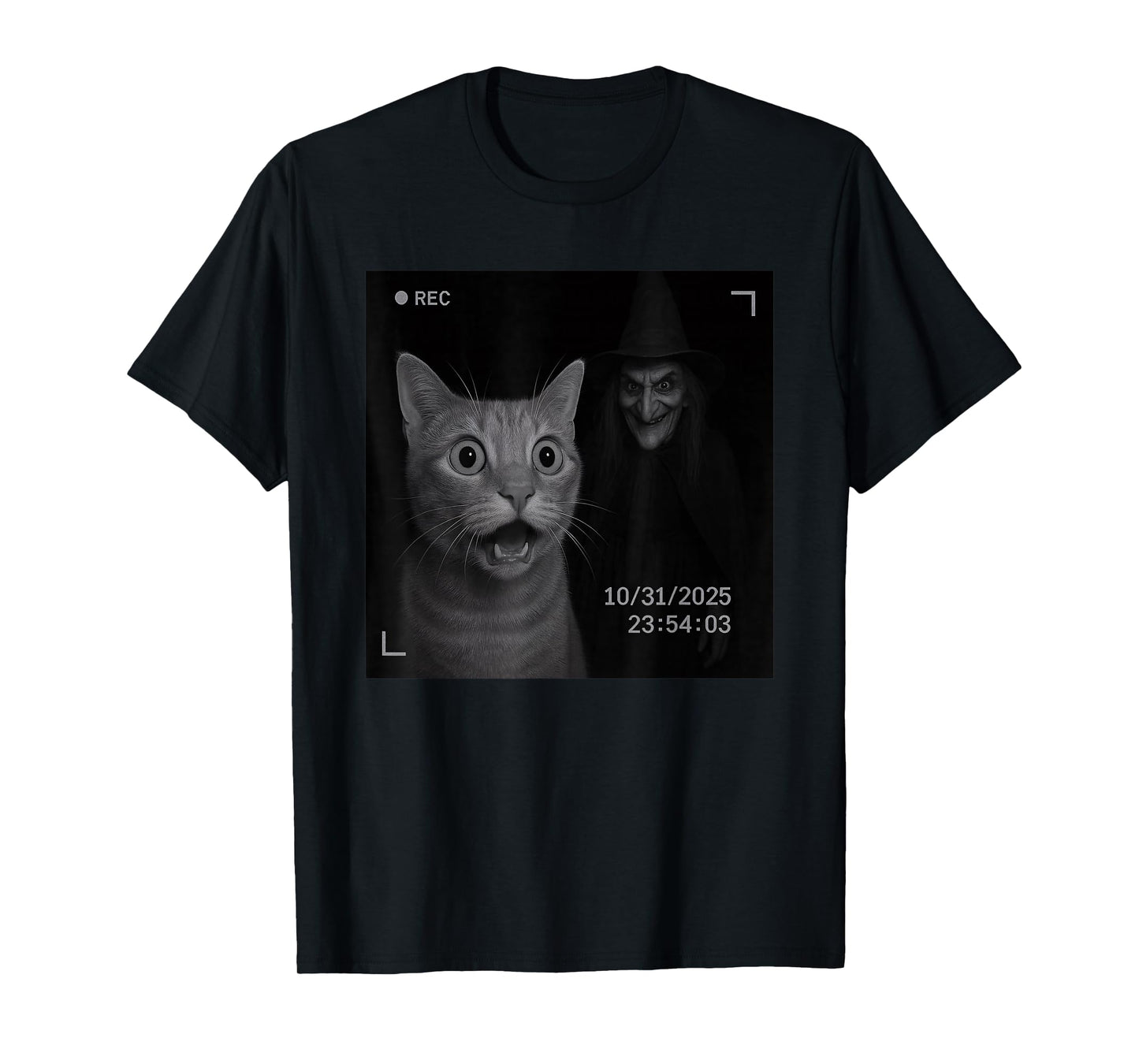 Funny Cat On Security Camera with Witch Halloween T-Shirt