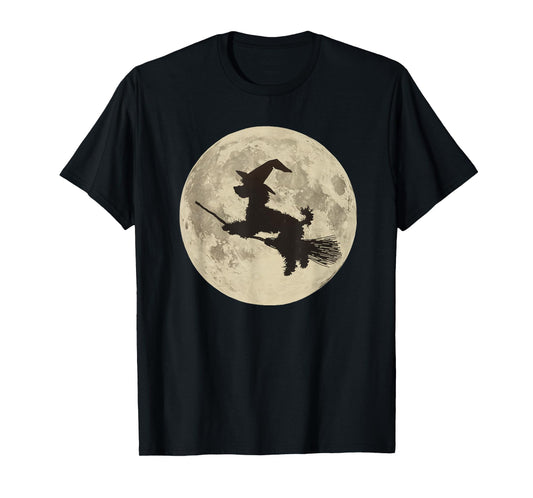Poodle Halloween Moon Dog Witch on Broomstick Spooky Season T-Shirt