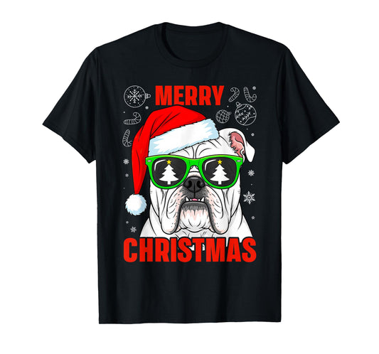 English Bulldog Merry Christmas Pajama Cute Dog Santa Hat T-Shirt