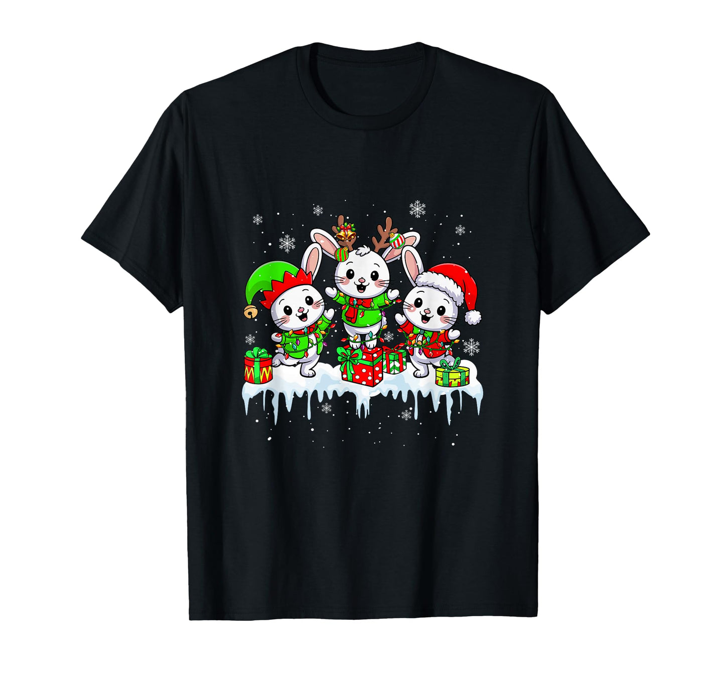 Three Santa Reindeer Elf Rabbits Christmas Colorful Lights T-Shirt
