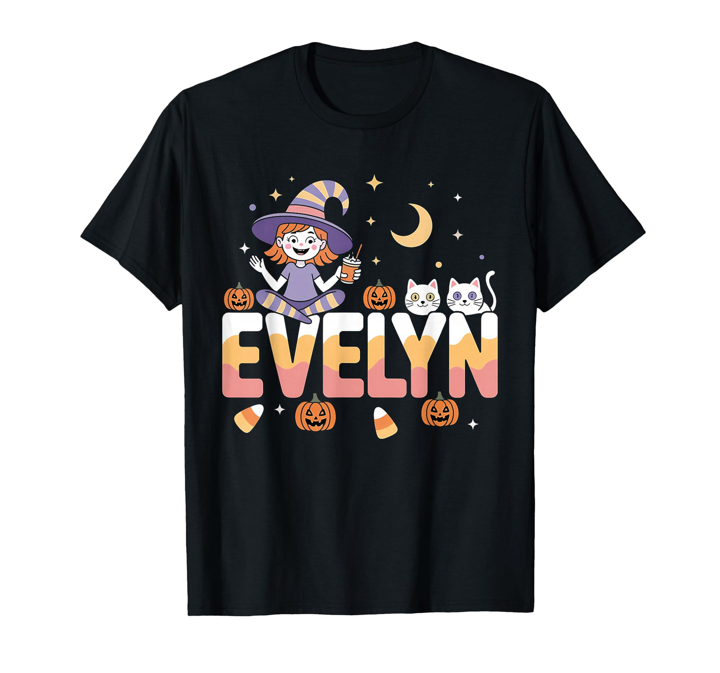 Evelyn Witch Candy Corn Cat Halloween Women and Girls T-Shirt