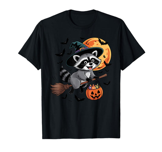 Cute Raccoon Witch with Jack-O-Lantern Pumpkin Halloween T-Shirt