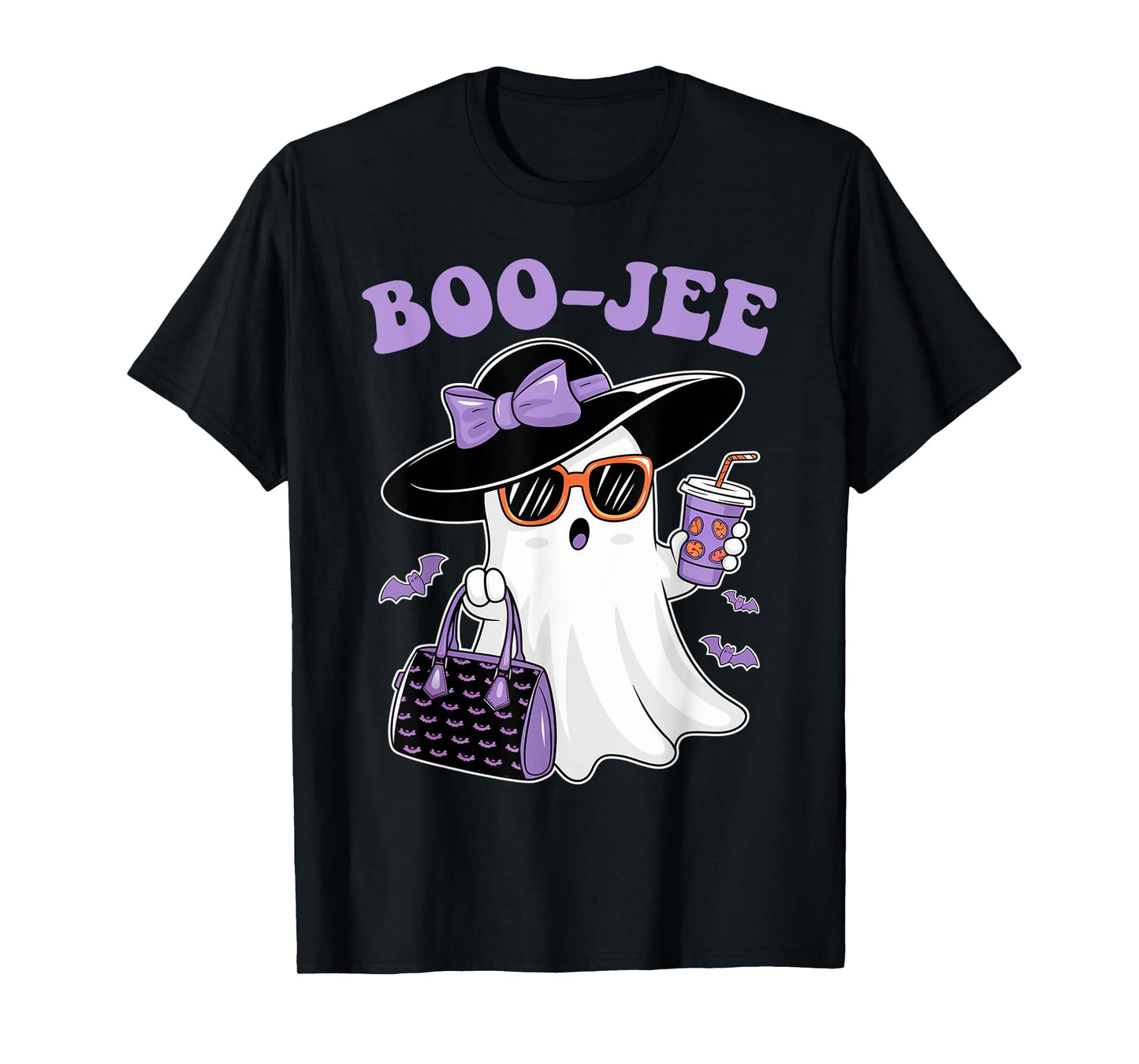 Boo Jee Ghost Drinking Coffee Bow Halloween Women T-Shirt
