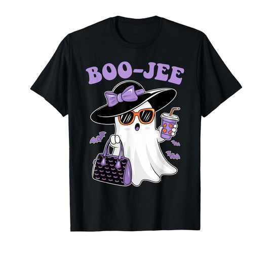 Boo Jee Ghost Drinking Coffee Bow Halloween Women T-Shirt