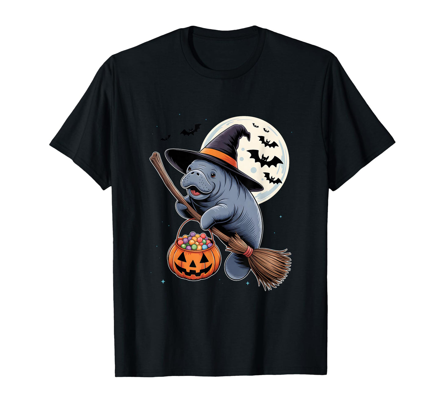 Manatee Witch Hat Riding Broomstick Pumpkin Halloween Animal T-Shirt