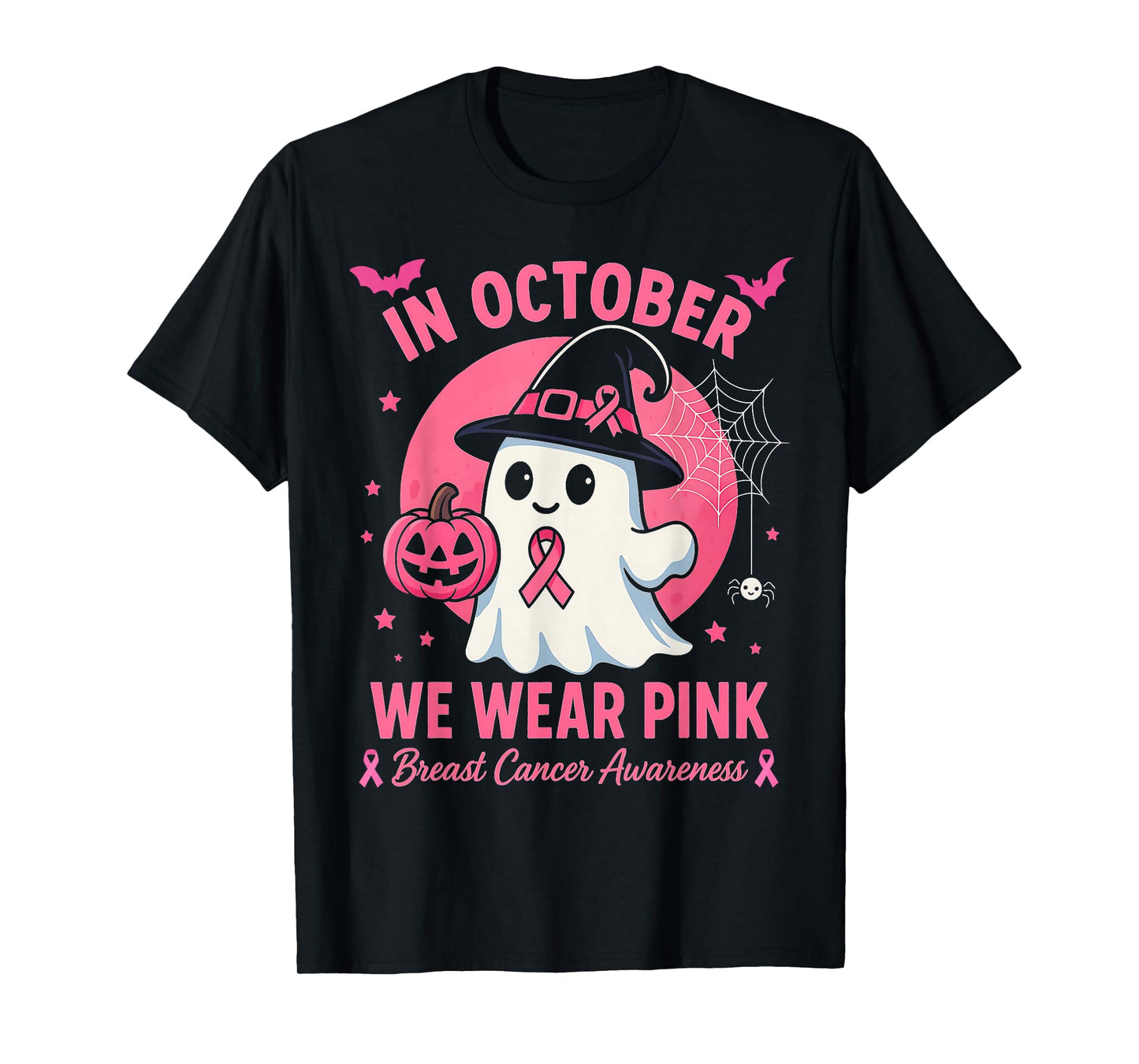 in October We Wear Pink Ghost Witch Breast Cancer Awareness T-Shirt