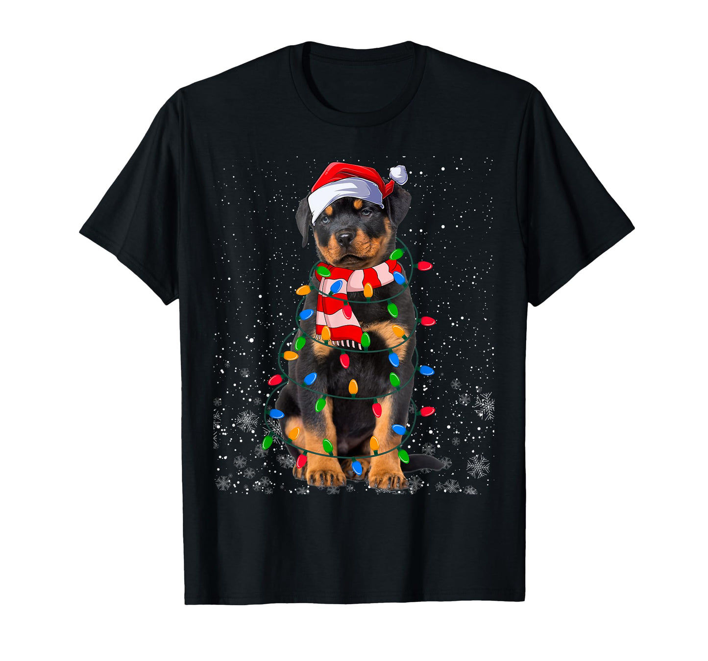 Rottweiler Dog Christmas Lights Funny Santa Hat Xmas T-Shirt