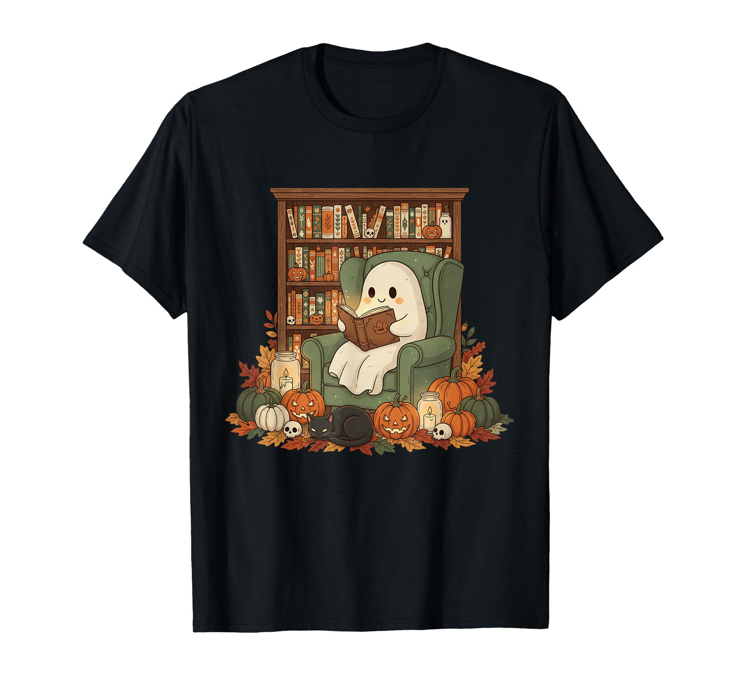 Ghost Library Reading Books Halloween Men Women Kids T-Shirt
