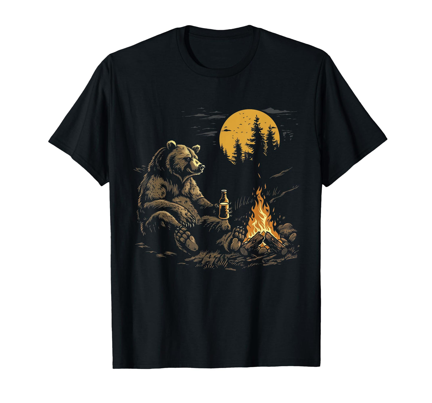 Camping Bear Drinking Beer Hiking Nature Funny Grizzly Bear T-Shirt