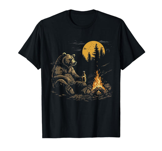Camping Bear Drinking Beer Hiking Nature Funny Grizzly Bear T-Shirt
