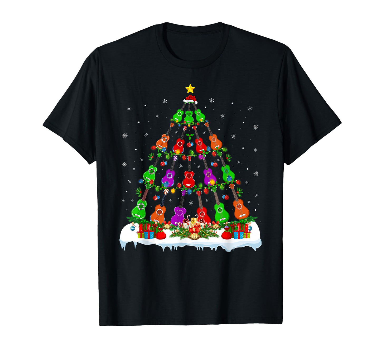 Music Lover Musical Ukulele Guitar Christmas Tree Lights T-Shirt