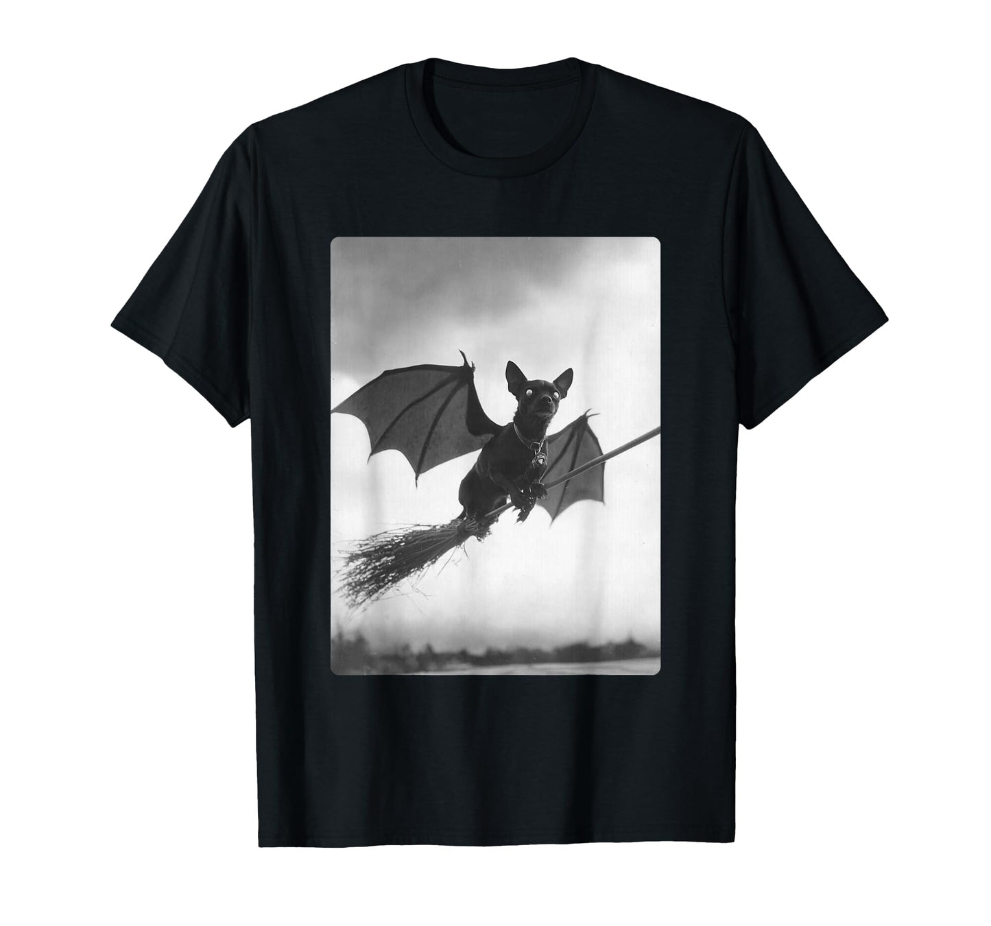 Gothic Chihuahua Witch Broom Bat Wings Spooky Halloween Dog T-Shirt