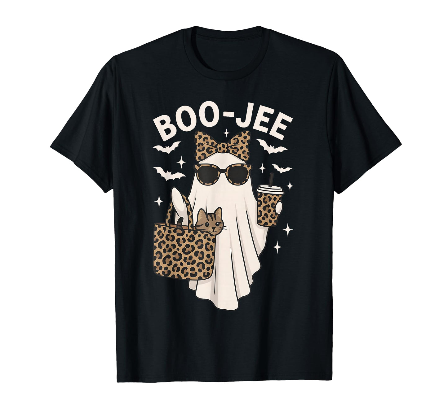 Coquette Leopard Ghost Coffee Boo-JEE Cute Cat Halloween T-Shirt