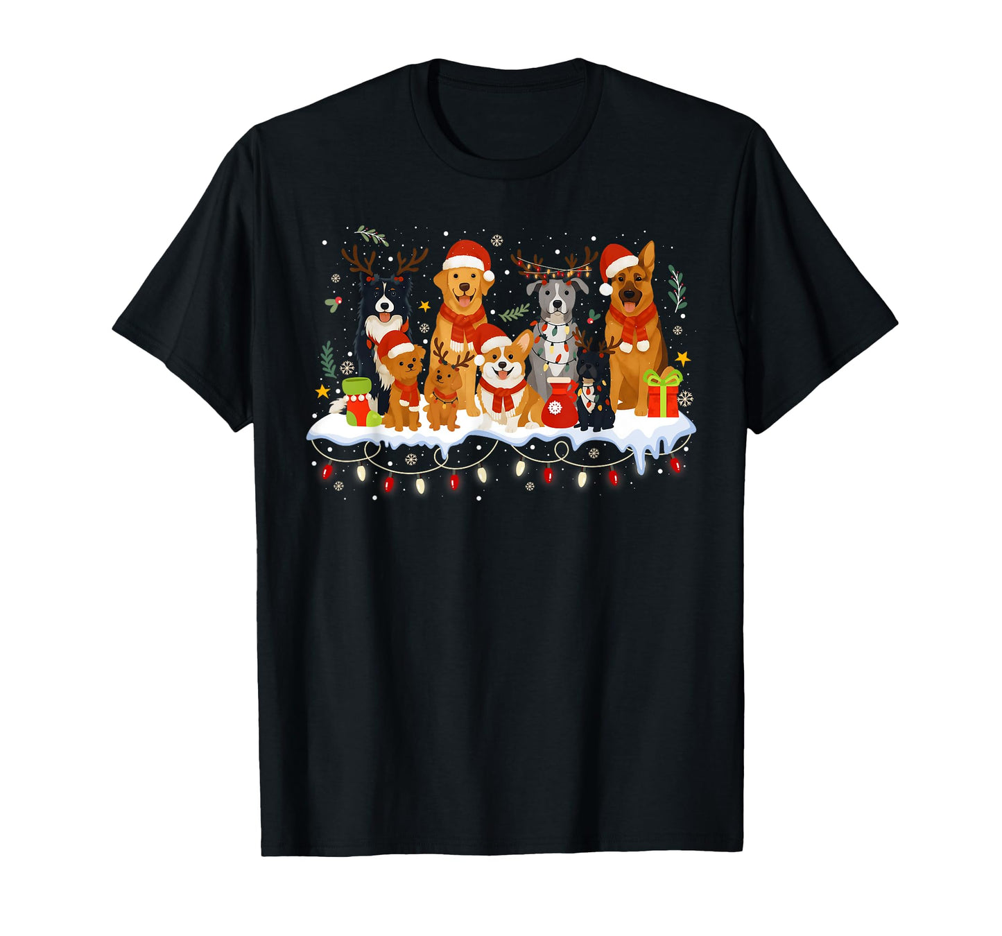 Cute Dogs in Santa Hats Xmas Holiday Christmas Lights T-Shirt