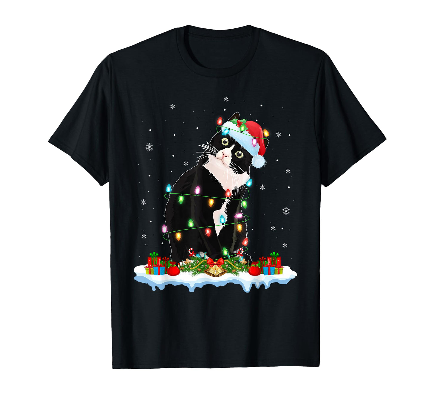 Black Cat Christmas Lights Funny Santa Hat Black Cat Xmas T-Shirt