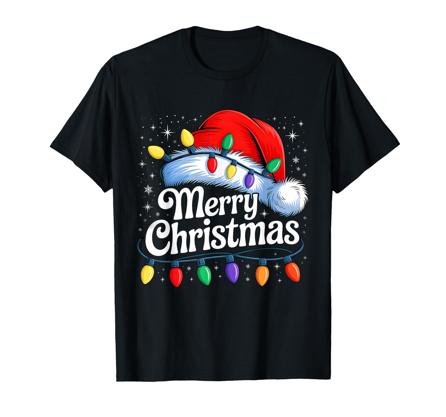Merry Christmas Lights Red Santa Hat Xmas Family Men Women T-Shirt