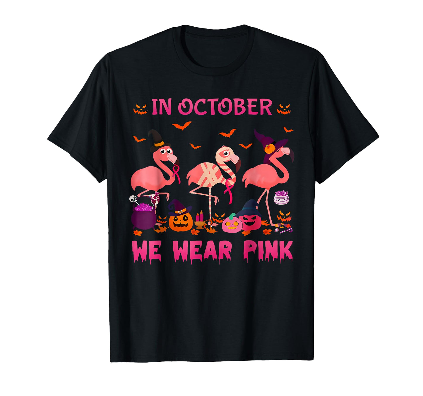 in October We Wear Pink Flamingo Halloween Breast Cancer T-Shirt